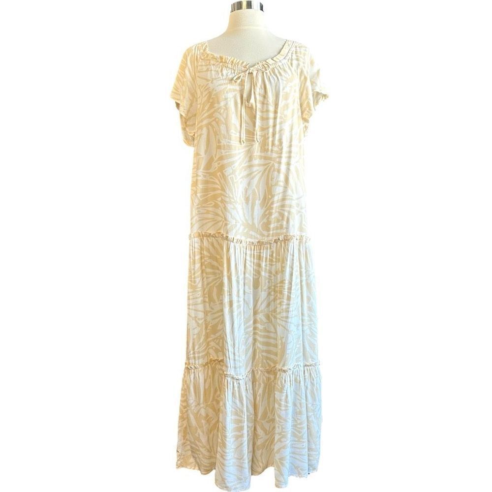 NWOT Patrons of Peace Palm Print Tie Front Tiered Maxi Dress Tan White